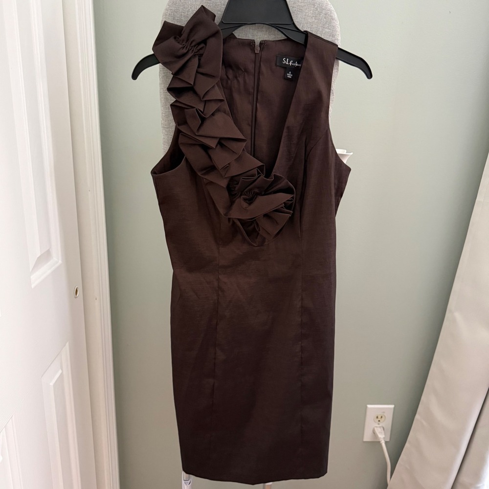 SL Fashions Brown Satin Rosette Ruffle Dress 6 Dark Romantic Maximalist Coquette